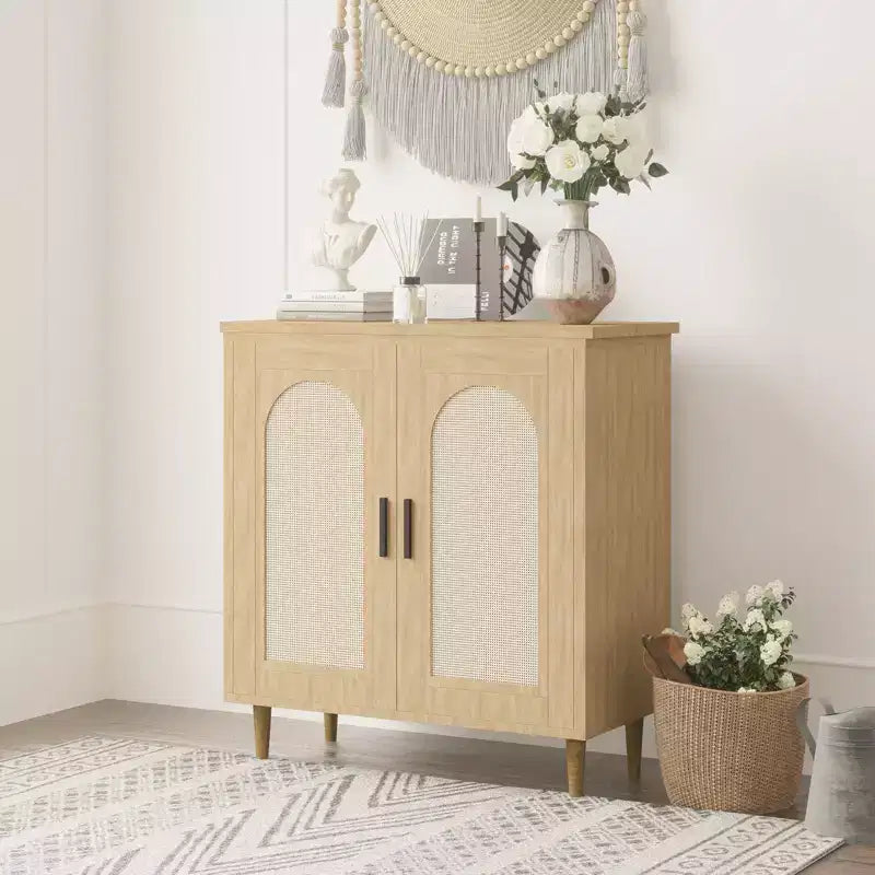 Credenza Buffet in Rattan con Contenitore, Credenza con 2 Ante e Ripiani Regolabili, Armadio in Legno Boho