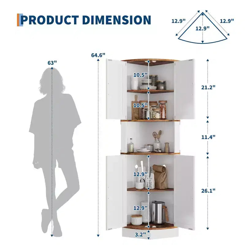 64,6 Mobile angolare stile rustico con luce, 4 ante a granaio e 5 ripiani, soluzione autoportante per bagno, cucina, soggiorno o bar