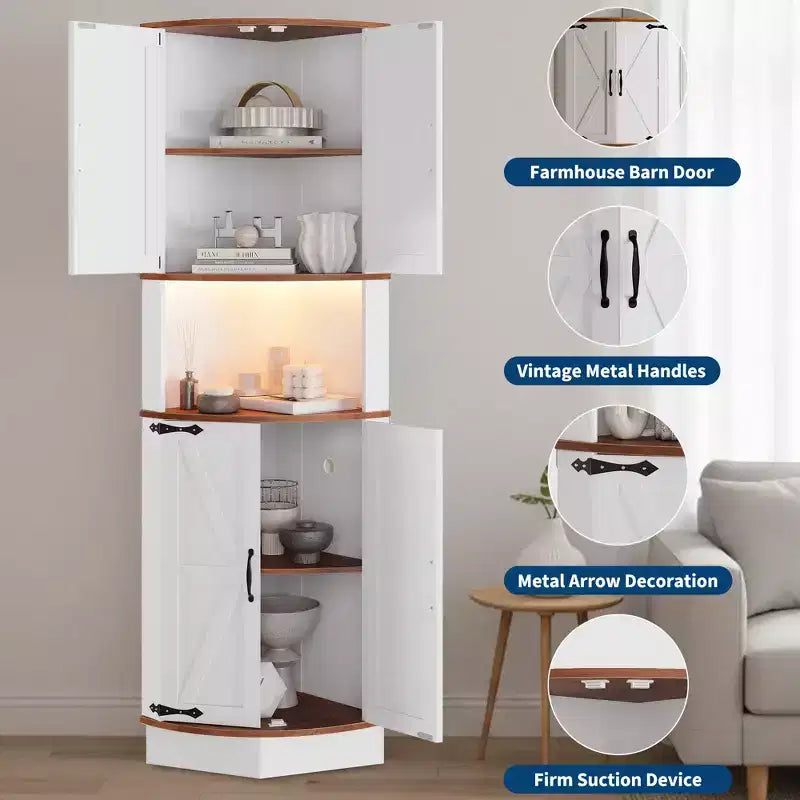 64,6 Mobile angolare stile rustico con luce, 4 ante a granaio e 5 ripiani, soluzione autoportante per bagno, cucina, soggiorno o bar