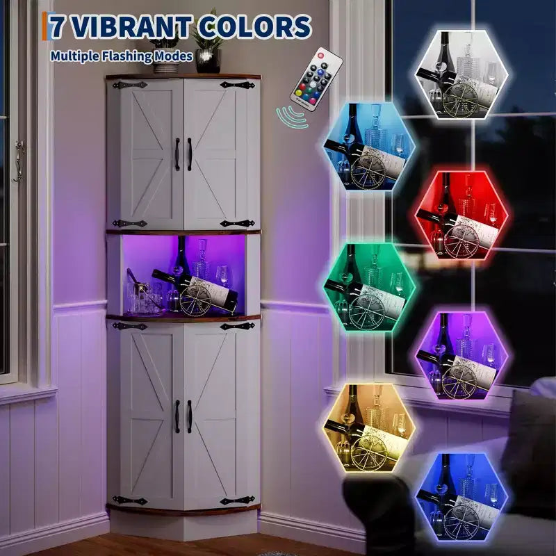 64,6 Mobile angolare stile rustico con luce, 4 ante a granaio e 5 ripiani, soluzione autoportante per bagno, cucina, soggiorno o bar