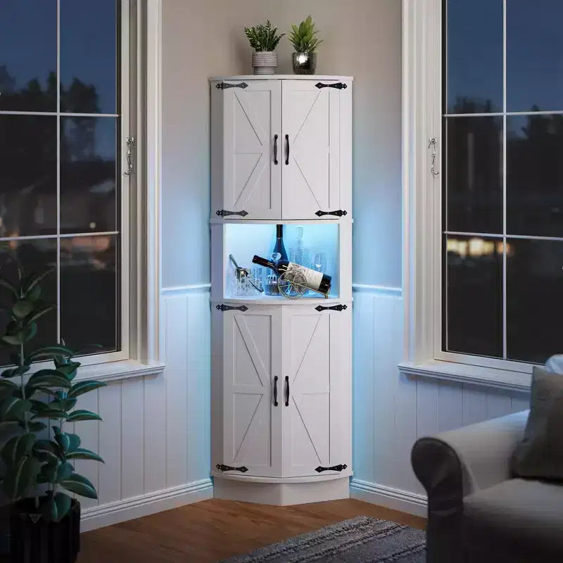 64,6 Mobile angolare stile rustico con luce, 4 ante a granaio e 5 ripiani, soluzione autoportante per bagno, cucina, soggiorno o bar