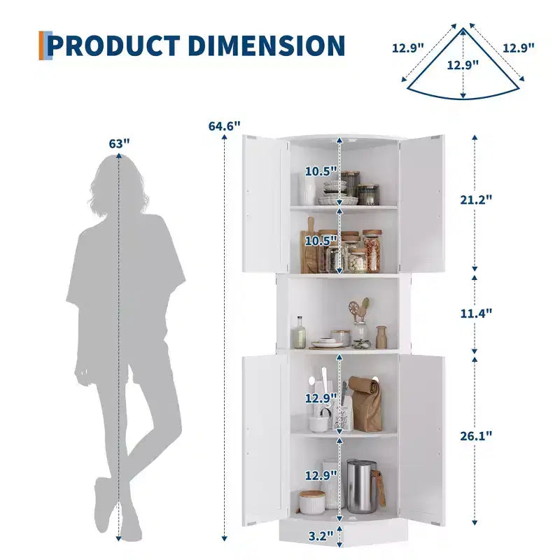 64,6 Mobile angolare stile rustico con luce, 4 ante a granaio e 5 ripiani, soluzione autoportante per bagno, cucina, soggiorno o bar