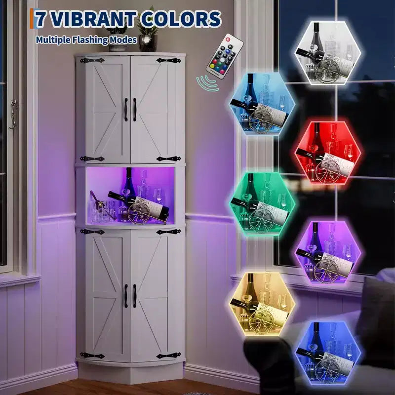 64,6 Mobile angolare stile rustico con luce, 4 ante a granaio e 5 ripiani, soluzione autoportante per bagno, cucina, soggiorno o bar
