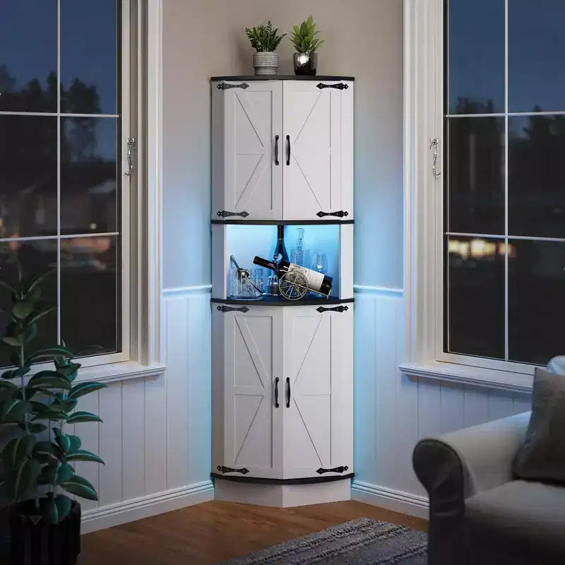 64,6 Mobile angolare stile rustico con luce, 4 ante a granaio e 5 ripiani, soluzione autoportante per bagno, cucina, soggiorno o bar