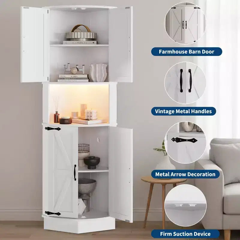 64,6 Mobile angolare stile rustico con luce, 4 ante a granaio e 5 ripiani, soluzione autoportante per bagno, cucina, soggiorno o bar