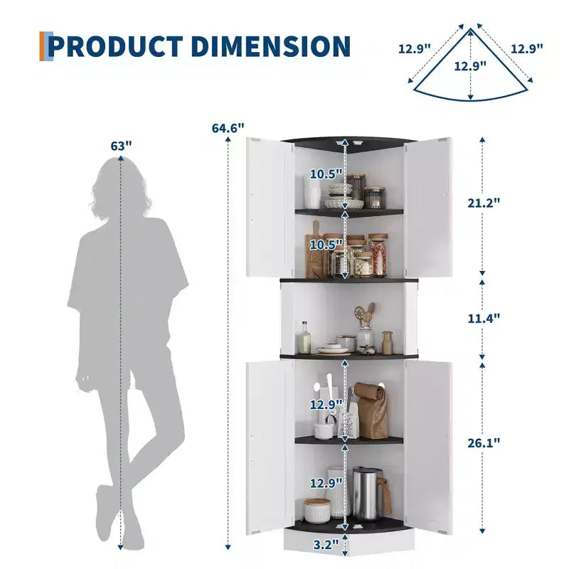 64,6 Mobile angolare stile rustico con luce, 4 ante a granaio e 5 ripiani, soluzione autoportante per bagno, cucina, soggiorno o bar