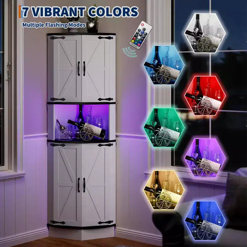 64,6 Mobile angolare stile rustico con luce, 4 ante a granaio e 5 ripiani, soluzione autoportante per bagno, cucina, soggiorno o bar