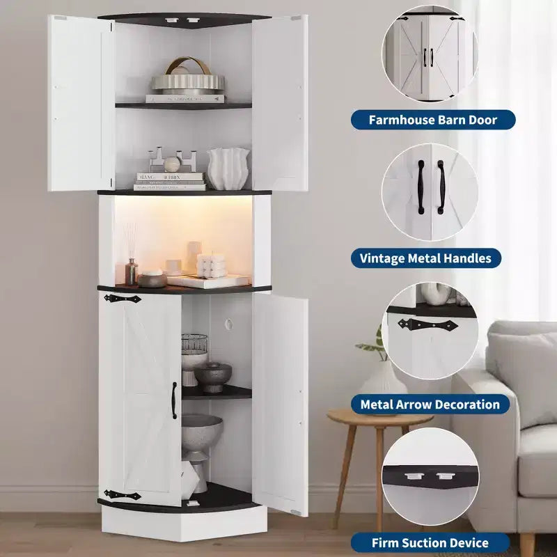 64,6 Mobile angolare stile rustico con luce, 4 ante a granaio e 5 ripiani, soluzione autoportante per bagno, cucina, soggiorno o bar