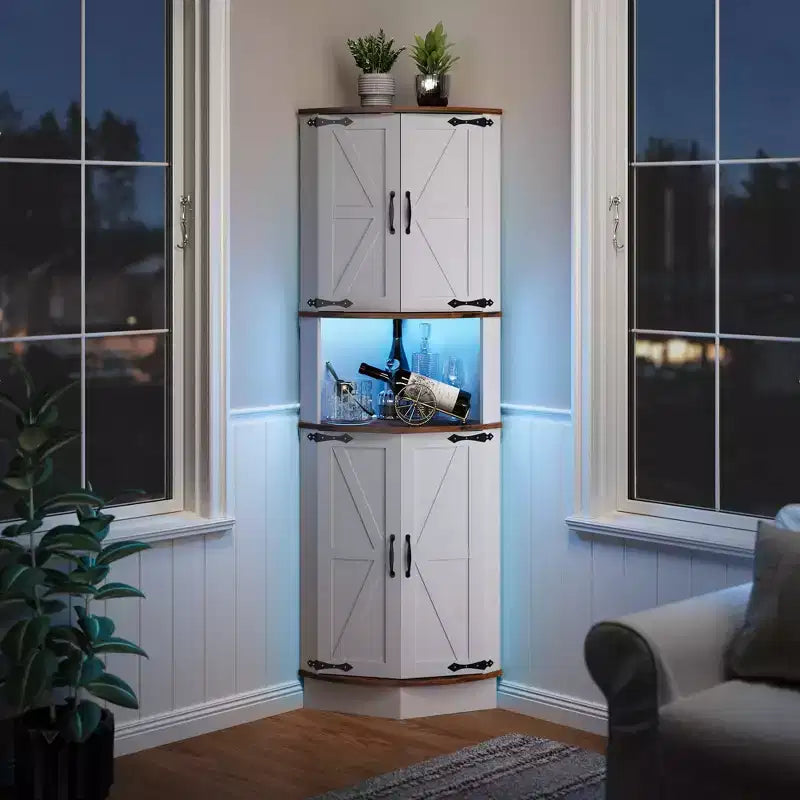 64,6 Mobile angolare stile rustico con luce, 4 ante a granaio e 5 ripiani, soluzione autoportante per bagno, cucina, soggiorno o bar