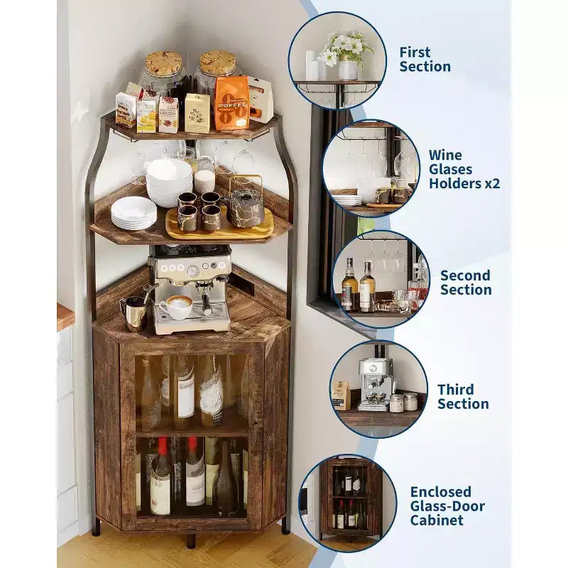 Mobile da Bar Caffetteria, Mobile Buffet Rustico con Anta Scorrevole a Fienile, Mobile Bar con Presa di Corrente Tipo C e USB, Mobile Vini con Portabottiglie per 9 Bottiglie e Portacalici