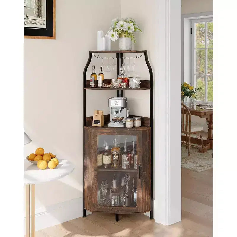 Mobile da Bar Caffetteria, Mobile Buffet Rustico con Anta Scorrevole a Fienile, Mobile Bar con Presa di Corrente Tipo C e USB, Mobile Vini con Portabottiglie per 9 Bottiglie e Portacalici