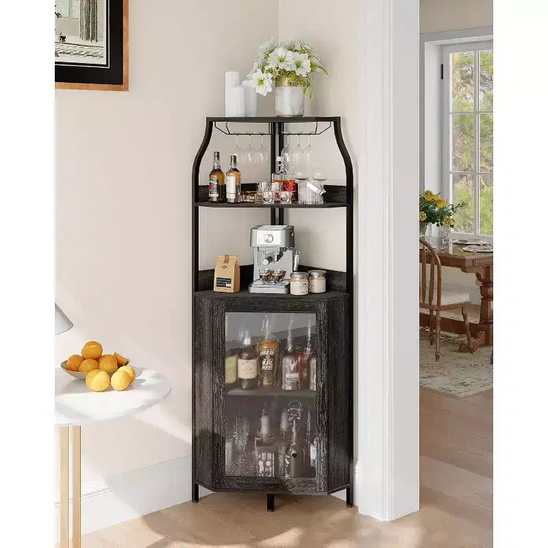 Mobile da Bar Caffetteria, Mobile Buffet Rustico con Anta Scorrevole a Fienile, Mobile Bar con Presa di Corrente Tipo C e USB, Mobile Vini con Portabottiglie per 9 Bottiglie e Portacalici