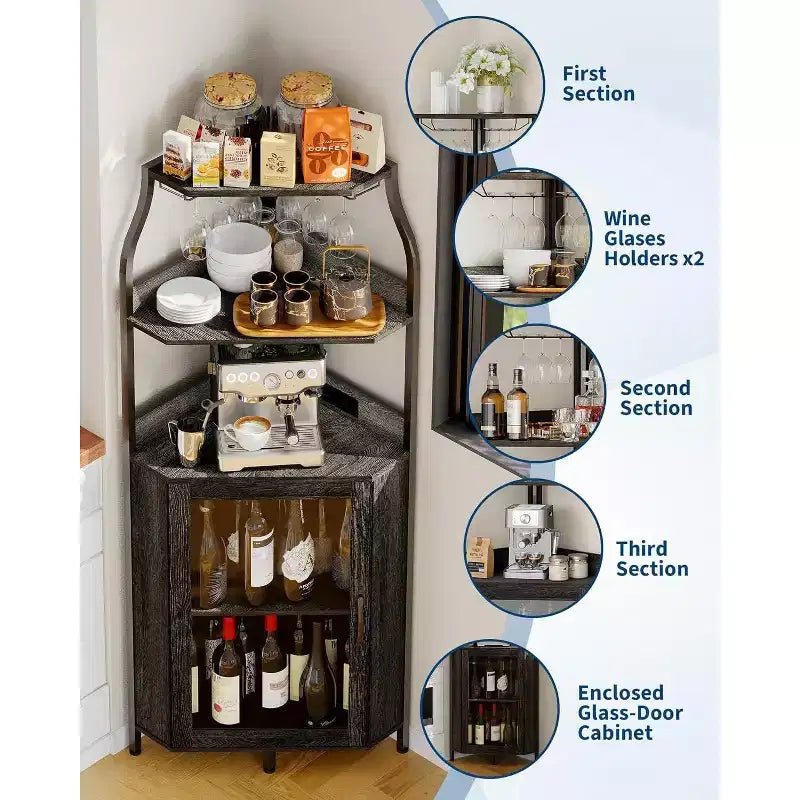 Mobile da Bar Caffetteria, Mobile Buffet Rustico con Anta Scorrevole a Fienile, Mobile Bar con Presa di Corrente Tipo C e USB, Mobile Vini con Portabottiglie per 9 Bottiglie e Portacalici
