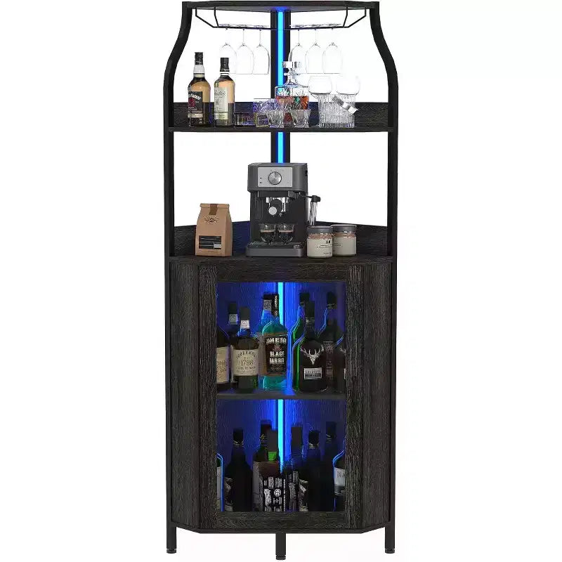 Coffee Bar Cabinet, Farmhouse Buffet Cabinet Sliding Barn Door, Bar Cabinet Power Outlet Type-c USB, Wine Cabinet 9-Bottle Rack Goblet Holder