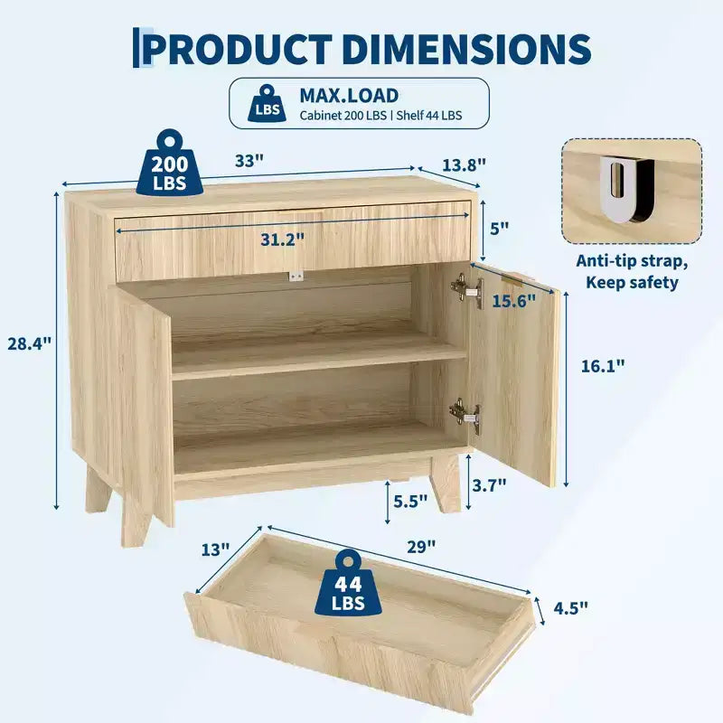 33 Mobile Credenza Buffet, Mobile Bar Caffè con Scanalature e Maniglie Dorate, Mobile Console Multimediale in Legno, Credenza d'Accento per Soggiorno Cucina Casa