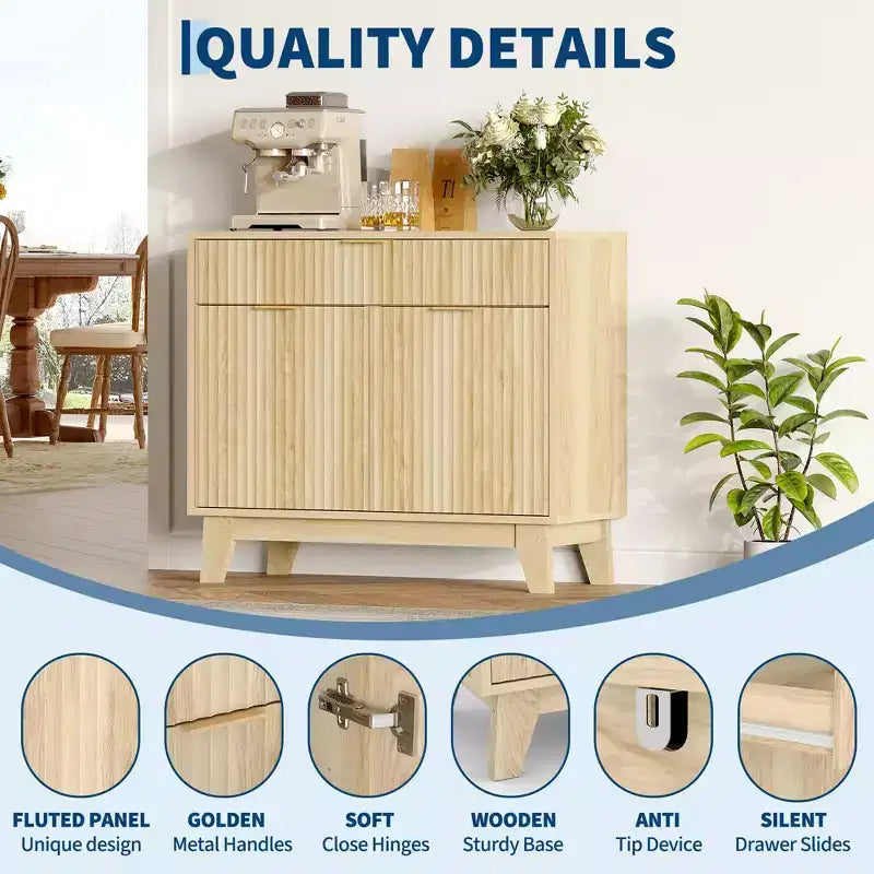 33 Mobile Credenza Buffet, Mobile Bar Caffè con Scanalature e Maniglie Dorate, Mobile Console Multimediale in Legno, Credenza d'Accento per Soggiorno Cucina Casa
