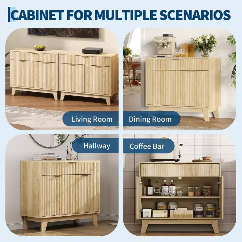 33 Mobile Credenza Buffet, Mobile Bar Caffè con Scanalature e Maniglie Dorate, Mobile Console Multimediale in Legno, Credenza d'Accento per Soggiorno Cucina Casa