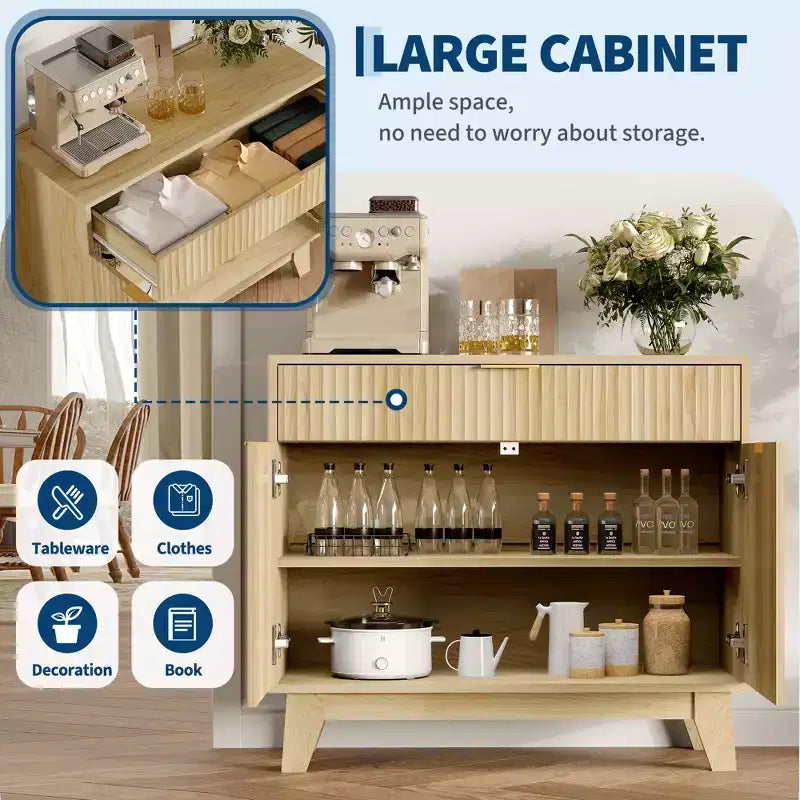 33 Mobile Credenza Buffet, Mobile Bar Caffè con Scanalature e Maniglie Dorate, Mobile Console Multimediale in Legno, Credenza d'Accento per Soggiorno Cucina Casa