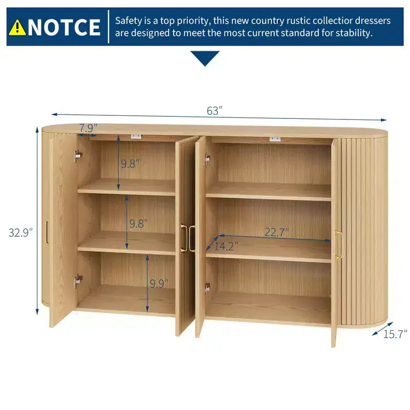 Mobile credenza a buffet da 63 pollici con contenitore, credenza accentata scanalata con ripiani regolabili, mobile credenza moderno con bordo curvo, tavolo consolle