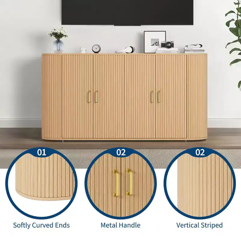 Mobile credenza a buffet da 63 pollici con contenitore, credenza accentata scanalata con ripiani regolabili, mobile credenza moderno con bordo curvo, tavolo consolle
