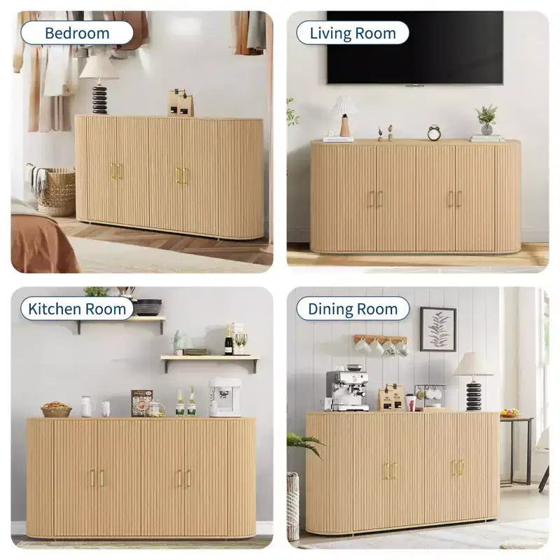 Mobile credenza a buffet da 63 pollici con contenitore, credenza accentata scanalata con ripiani regolabili, mobile credenza moderno con bordo curvo, tavolo consolle