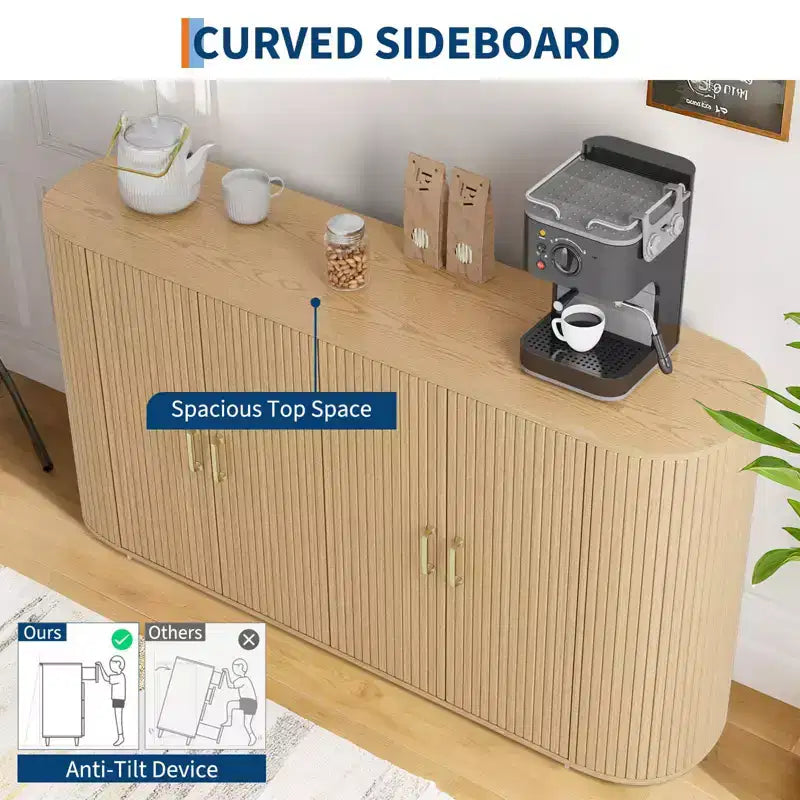 Mobile credenza a buffet da 63 pollici con contenitore, credenza accentata scanalata con ripiani regolabili, mobile credenza moderno con bordo curvo, tavolo consolle