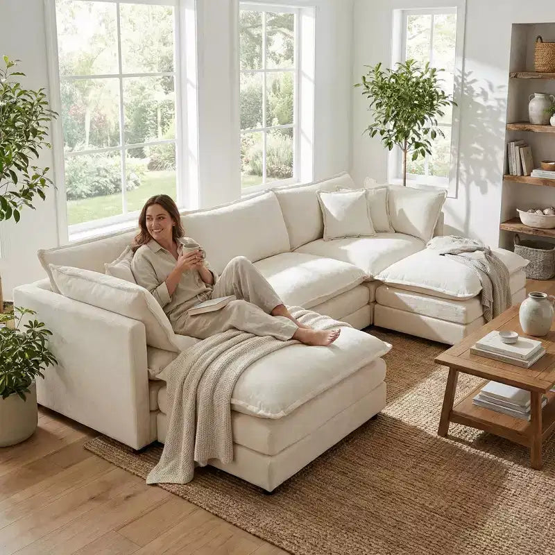 Homy Casa Divano Sezionale Modulare a U in ciniglia con Pouf Reversibili, Profondamente Imbottito, Beige
