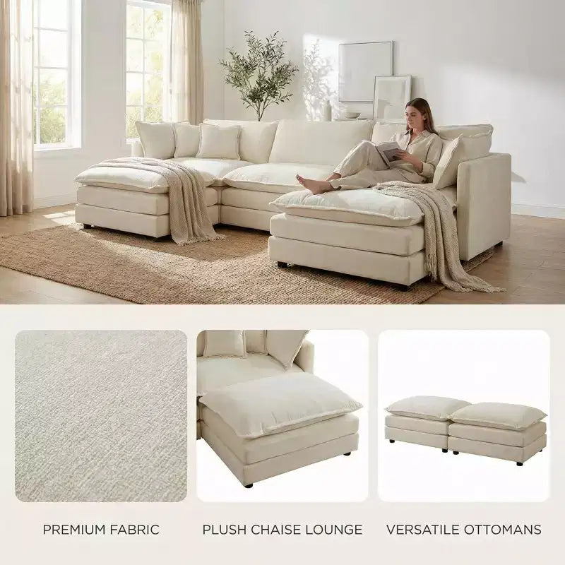 Homy Casa Divano Sezionale Modulare a U in ciniglia con Pouf Reversibili, Profondamente Imbottito, Beige