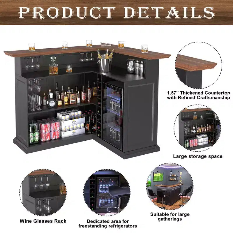 GDLF Mobile Bar a L con Spazio per Frigo, Tavolo da Bar Moderno e Grande per Seminterrato