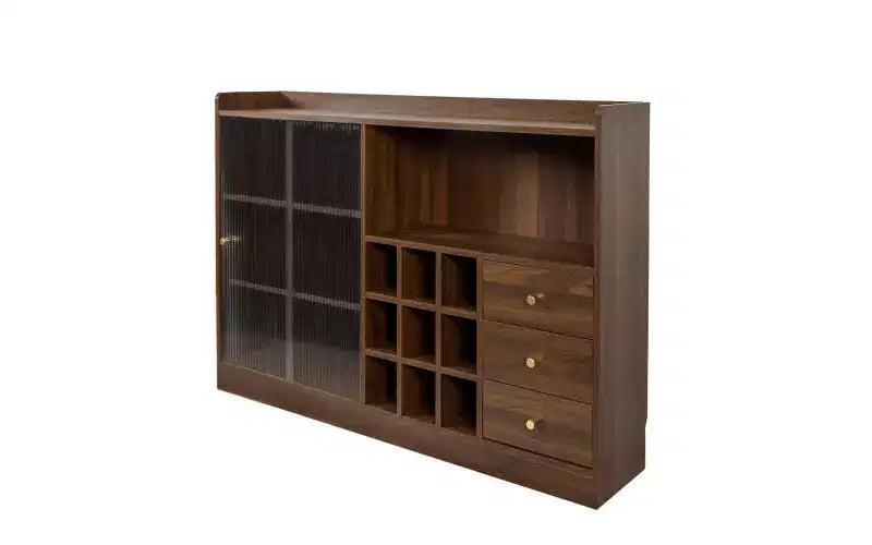 JVNOXK Credenza da 47 pollici con due ante scorrevoli in vetro a righe, armadietto da appoggio autoportante, ideale per conservare bottiglie di vino, noce