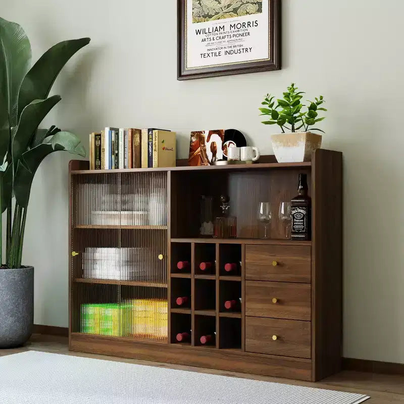 JVNOXK Credenza da 47 pollici con due ante scorrevoli in vetro a righe, armadietto da appoggio autoportante, ideale per conservare bottiglie di vino, noce