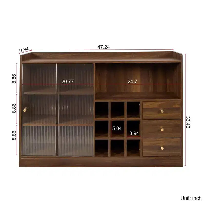 JVNOXK Credenza da 47 pollici con due ante scorrevoli in vetro a righe, armadietto da appoggio autoportante, ideale per conservare bottiglie di vino, noce