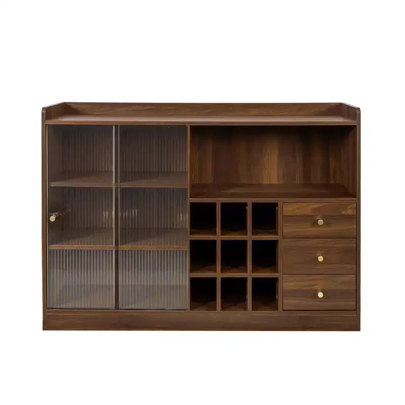 JVNOXK Credenza da 47 pollici con due ante scorrevoli in vetro a righe, armadietto da appoggio autoportante, ideale per conservare bottiglie di vino, noce