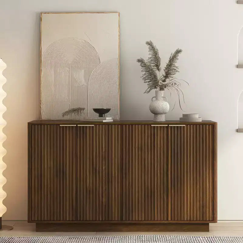 JVNOXK Modern wooden storage sideboard with recessed design, featuring adjustable shelves and four built-in compartments. Natural wood