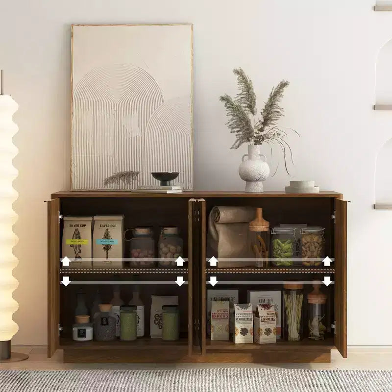 JVNOXK Credenza moderna in legno con design incassato, dotata di ripiani regolabili e quattro scomparti integrati. Legno naturale