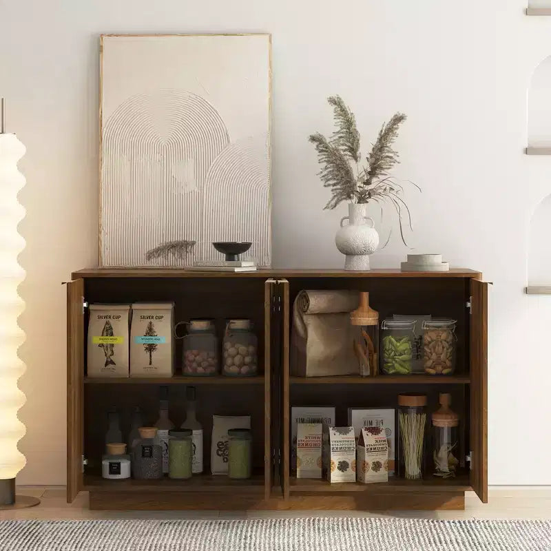 JVNOXK Credenza moderna in legno con design incassato, dotata di ripiani regolabili e quattro scomparti integrati. Legno naturale