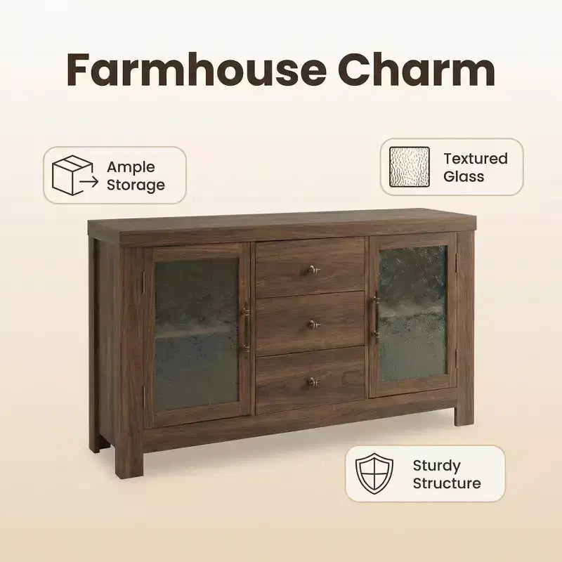 Credenza a Buffet, Mobile Bar da Caffè con 2 Ante in Vetro, 3 Cassetti, Mobile Contenitore d'Accento per Soggiorno, Cucina, Sala da Pranzo, Ingresso