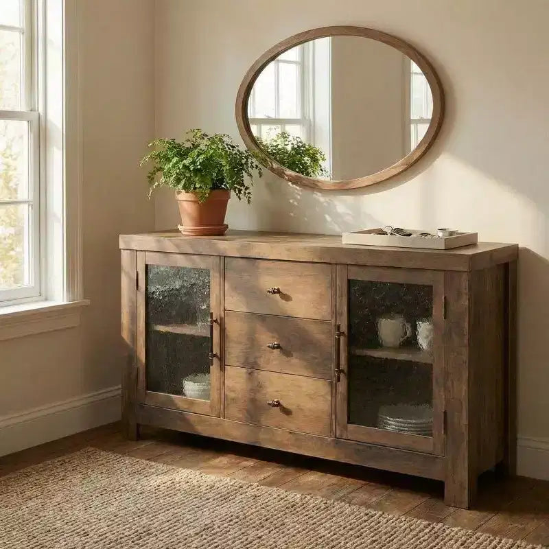 Credenza a Buffet, Mobile Bar da Caffè con 2 Ante in Vetro, 3 Cassetti, Mobile Contenitore d'Accento per Soggiorno, Cucina, Sala da Pranzo, Ingresso