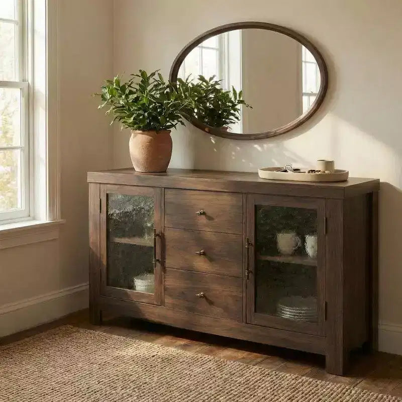 Credenza a Buffet, Mobile Bar da Caffè con 2 Ante in Vetro, 3 Cassetti, Mobile Contenitore d'Accento per Soggiorno, Cucina, Sala da Pranzo, Ingresso