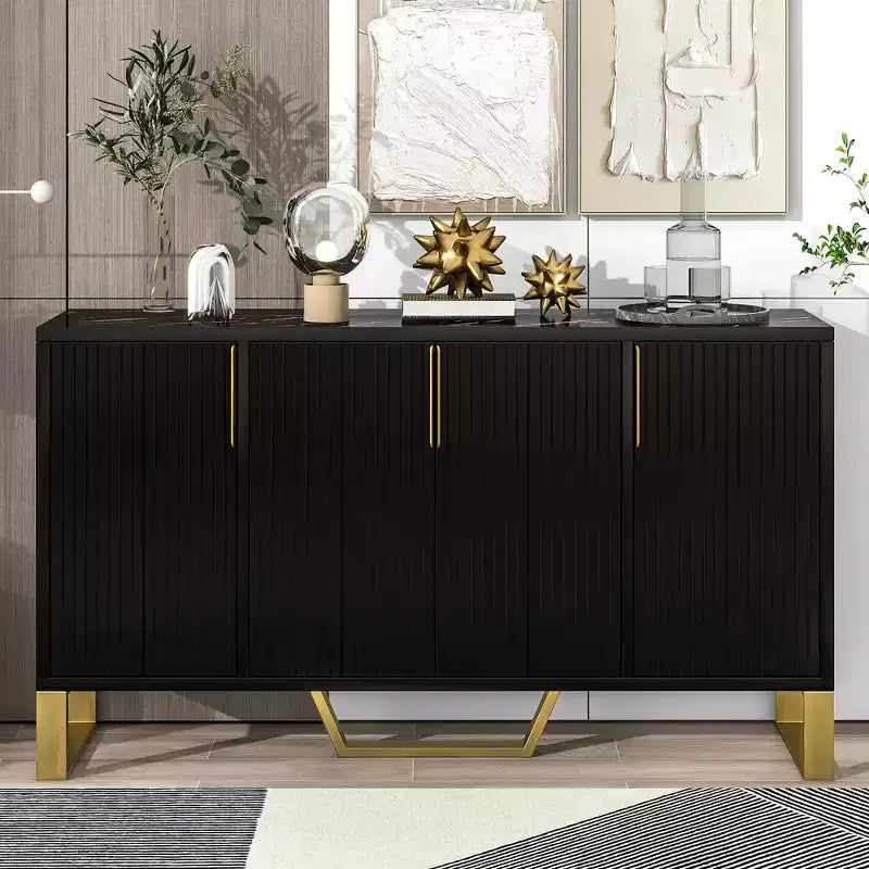 JVNOXK Modern four-door sideboard with metal handles and legs, adjustable shelves, kitchen cabinet with storage space, suitable for kitchens, black