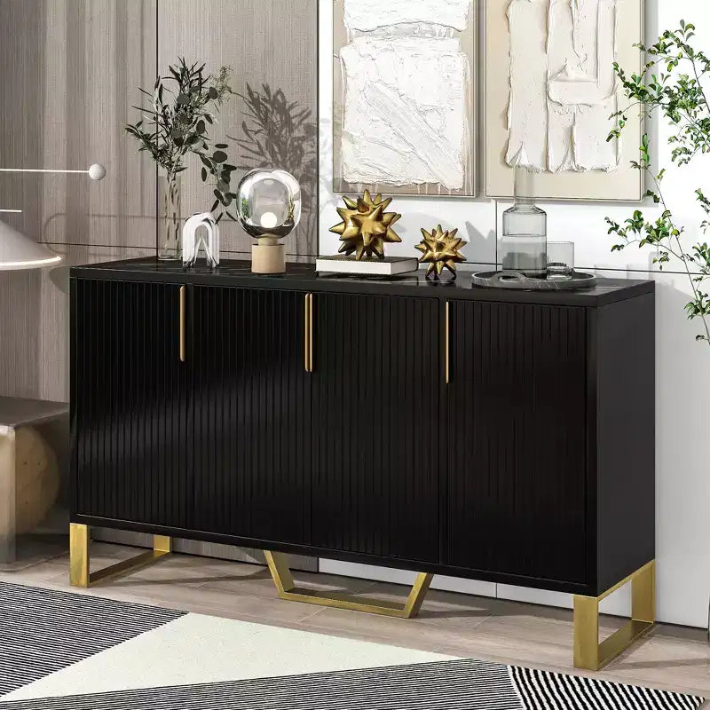 JVNOXK Madia moderna a quattro ante con maniglie e gambe in metallo, ripiani regolabili, mobile da cucina con spazio di archiviazione, adatta per cucine, nero