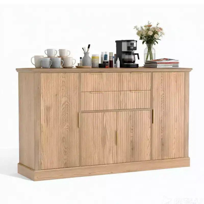 Credenza Buffet Modern Farmhouse da 58 pollici con maniglie dorate, 4 ante, 2 cassetti, ripiano regolabile - Mobile bar con design a scanalature, per sala da pranzo
