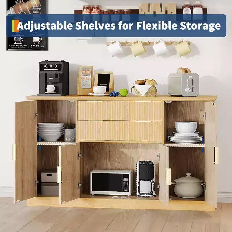 Credenza Buffet Modern Farmhouse da 58 pollici con maniglie dorate, 4 ante, 2 cassetti, ripiano regolabile - Mobile bar con design a scanalature, per sala da pranzo
