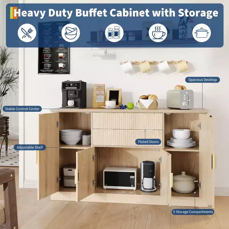 Credenza Buffet Modern Farmhouse da 58 pollici con maniglie dorate, 4 ante, 2 cassetti, ripiano regolabile - Mobile bar con design a scanalature, per sala da pranzo