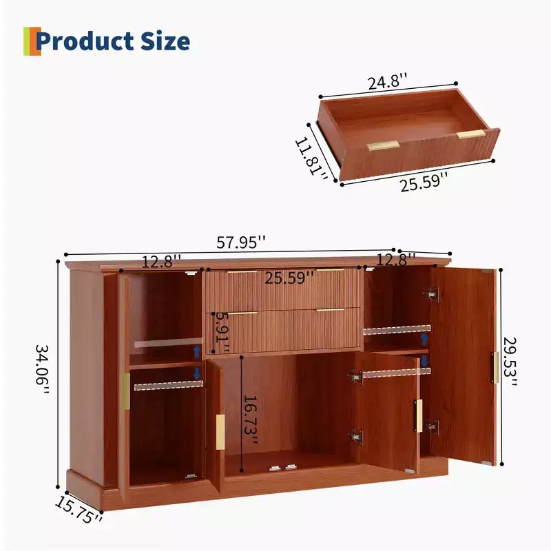 Credenza Buffet Modern Farmhouse da 58 pollici con maniglie dorate, 4 ante, 2 cassetti, ripiano regolabile - Mobile bar con design a scanalature, per sala da pranzo