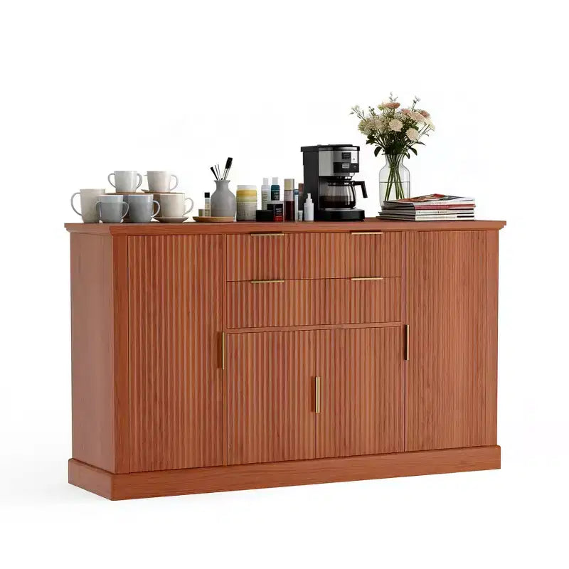 Credenza Buffet Modern Farmhouse da 58 pollici con maniglie dorate, 4 ante, 2 cassetti, ripiano regolabile - Mobile bar con design a scanalature, per sala da pranzo