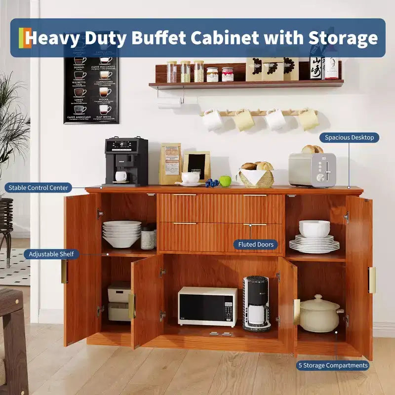 Credenza Buffet Modern Farmhouse da 58 pollici con maniglie dorate, 4 ante, 2 cassetti, ripiano regolabile - Mobile bar con design a scanalature, per sala da pranzo