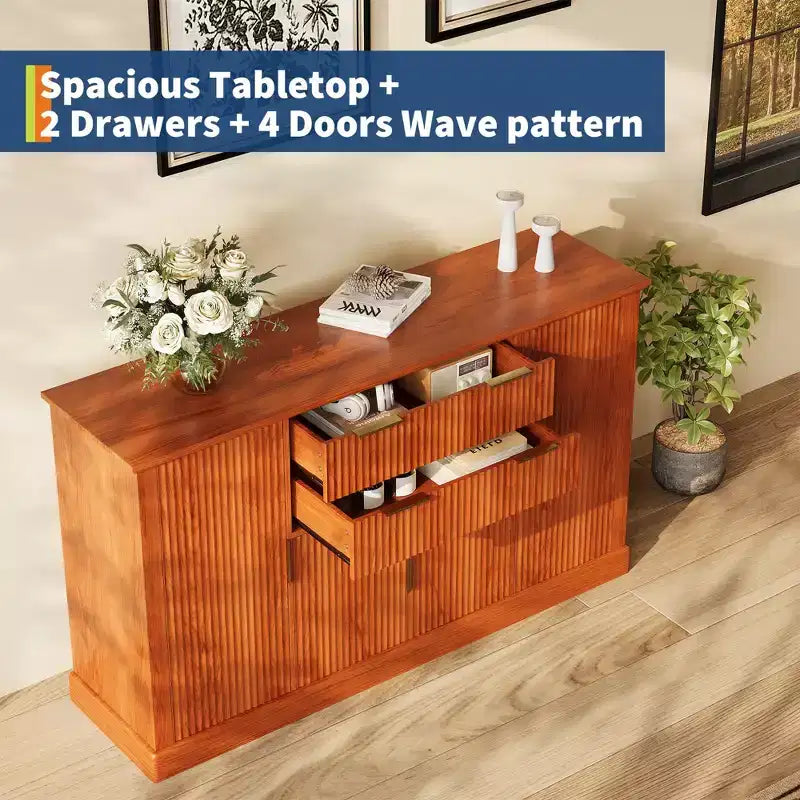 Credenza Buffet Modern Farmhouse da 58 pollici con maniglie dorate, 4 ante, 2 cassetti, ripiano regolabile - Mobile bar con design a scanalature, per sala da pranzo