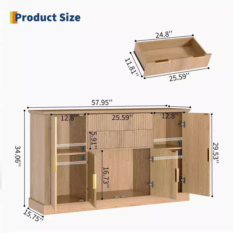 Credenza Buffet Modern Farmhouse da 58 pollici con maniglie dorate, 4 ante, 2 cassetti, ripiano regolabile - Mobile bar con design a scanalature, per sala da pranzo