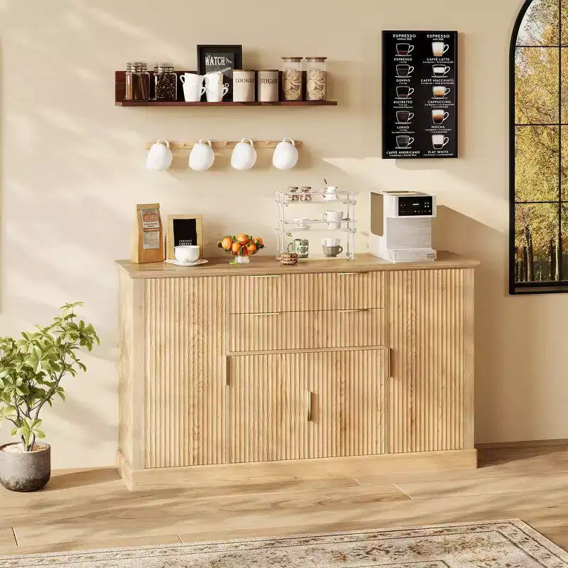 Credenza Buffet Modern Farmhouse da 58 pollici con maniglie dorate, 4 ante, 2 cassetti, ripiano regolabile - Mobile bar con design a scanalature, per sala da pranzo